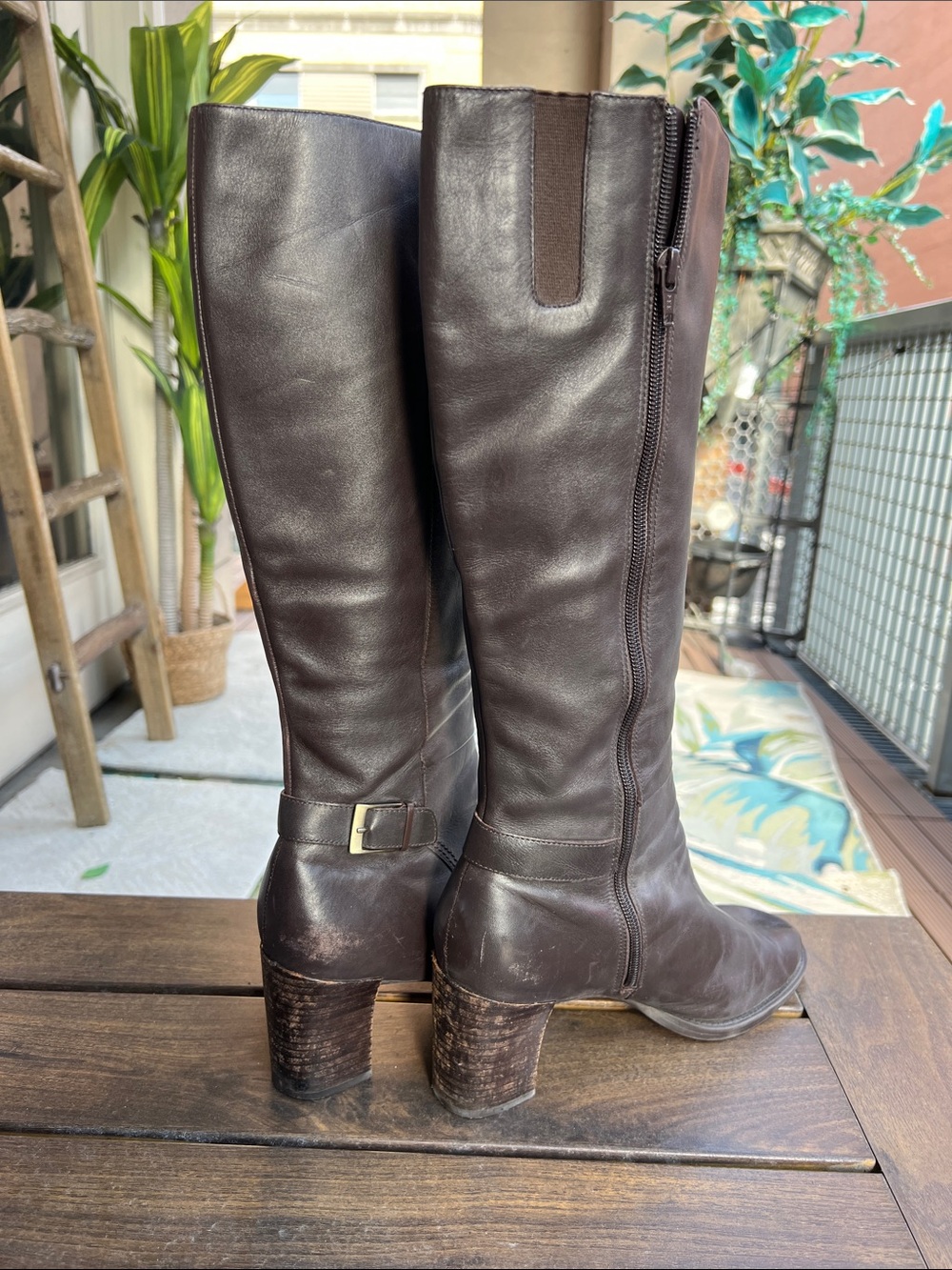 Meghan LA Brown Leather Knee-High Riding Boots with Buckle Detail